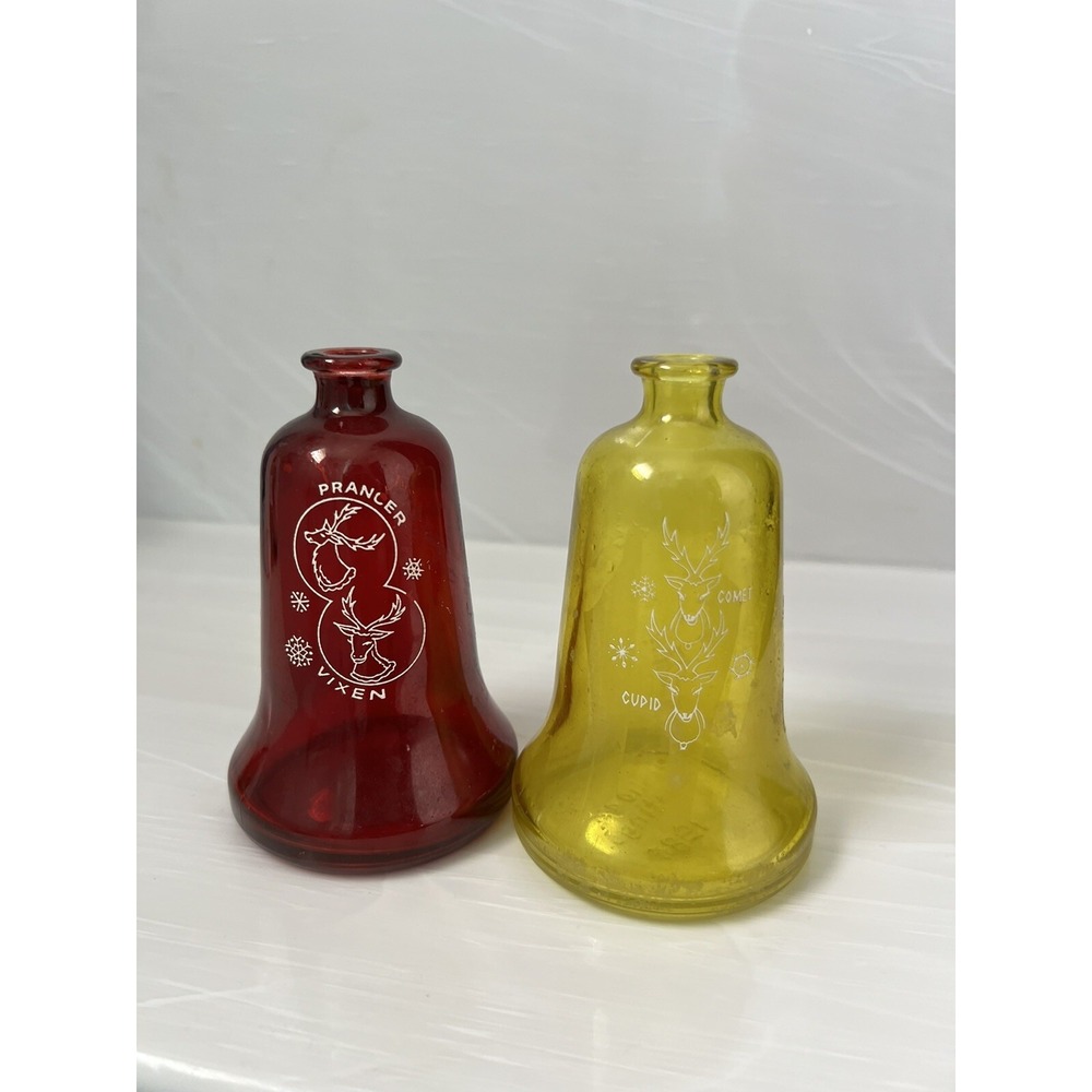 First National Bank Vintage Happy Holidays Wheaton Glass Bells Reindeer Decanter